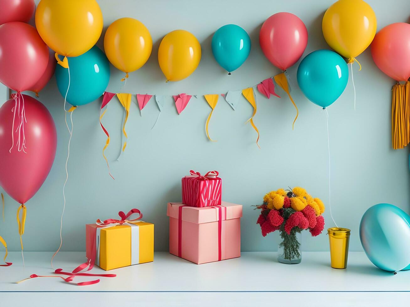 A visually appealing copy space banner with balloons and gift decorations ai generate photo