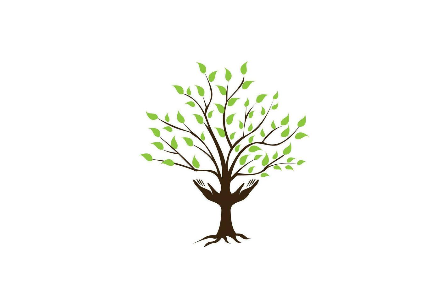 manos humanas y árbol con hojas verdes. logotipo, símbolo, icono, ilustración, vector, plantilla, diseño vector