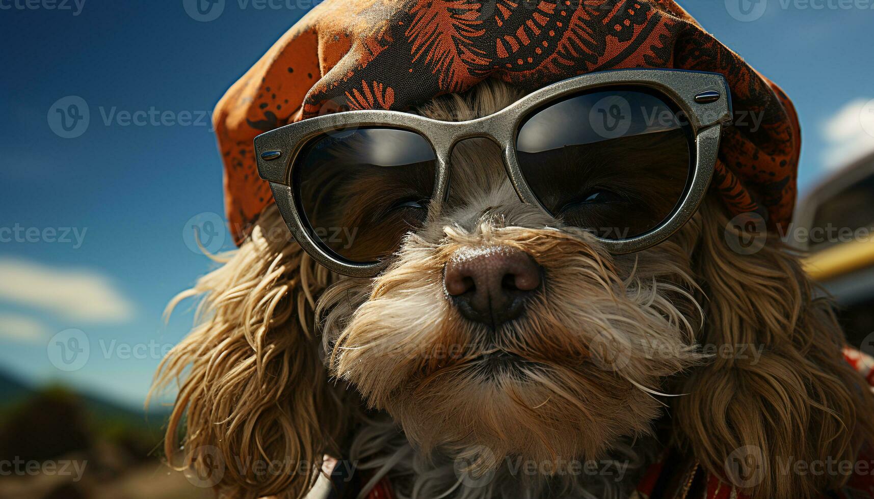 A cute purebred dog wearing sunglasses, sitting outdoors, looking cool generated by AI photo