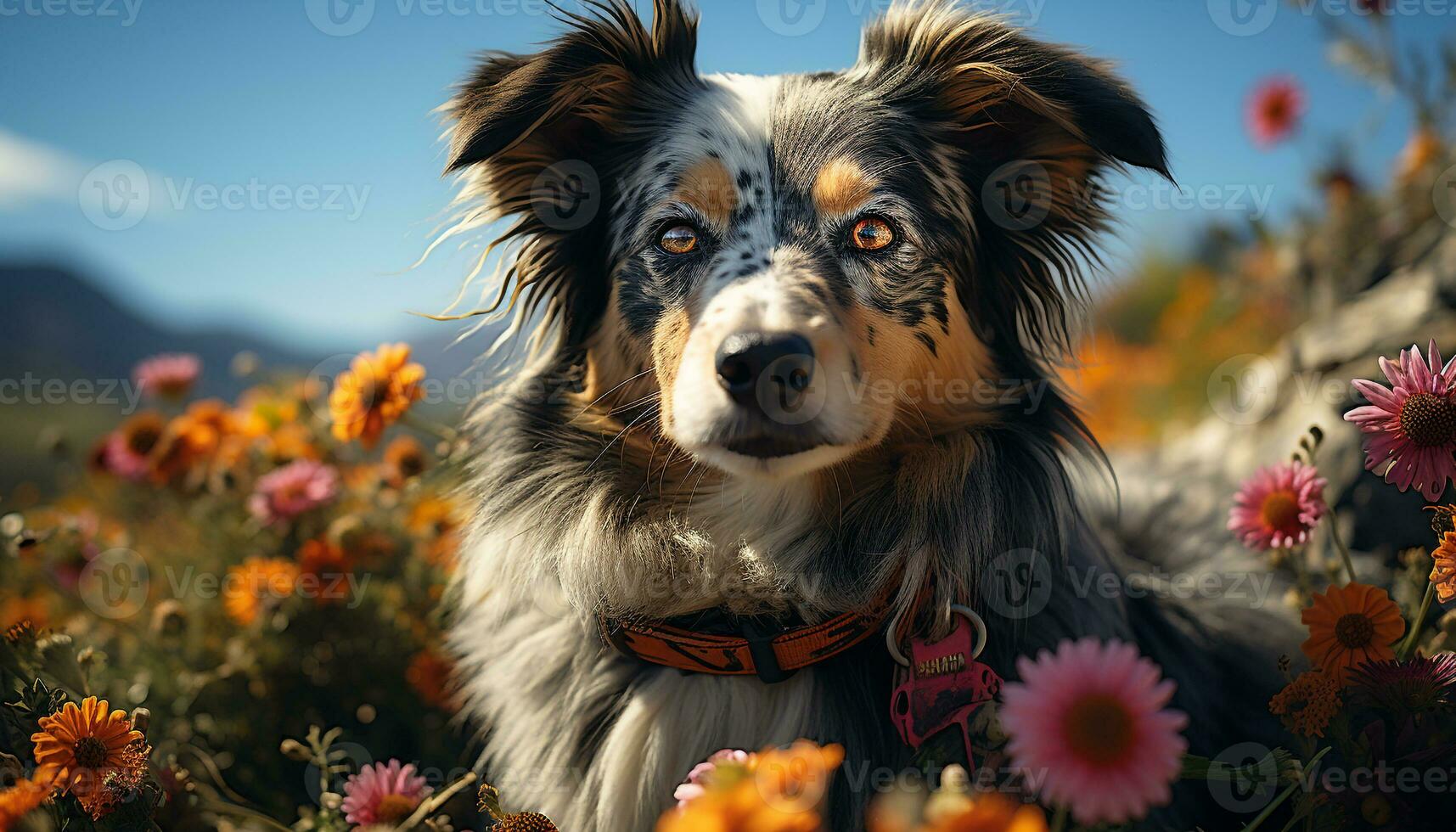 Cute puppy sitting in grass, looking at yellow flower generated by AI photo