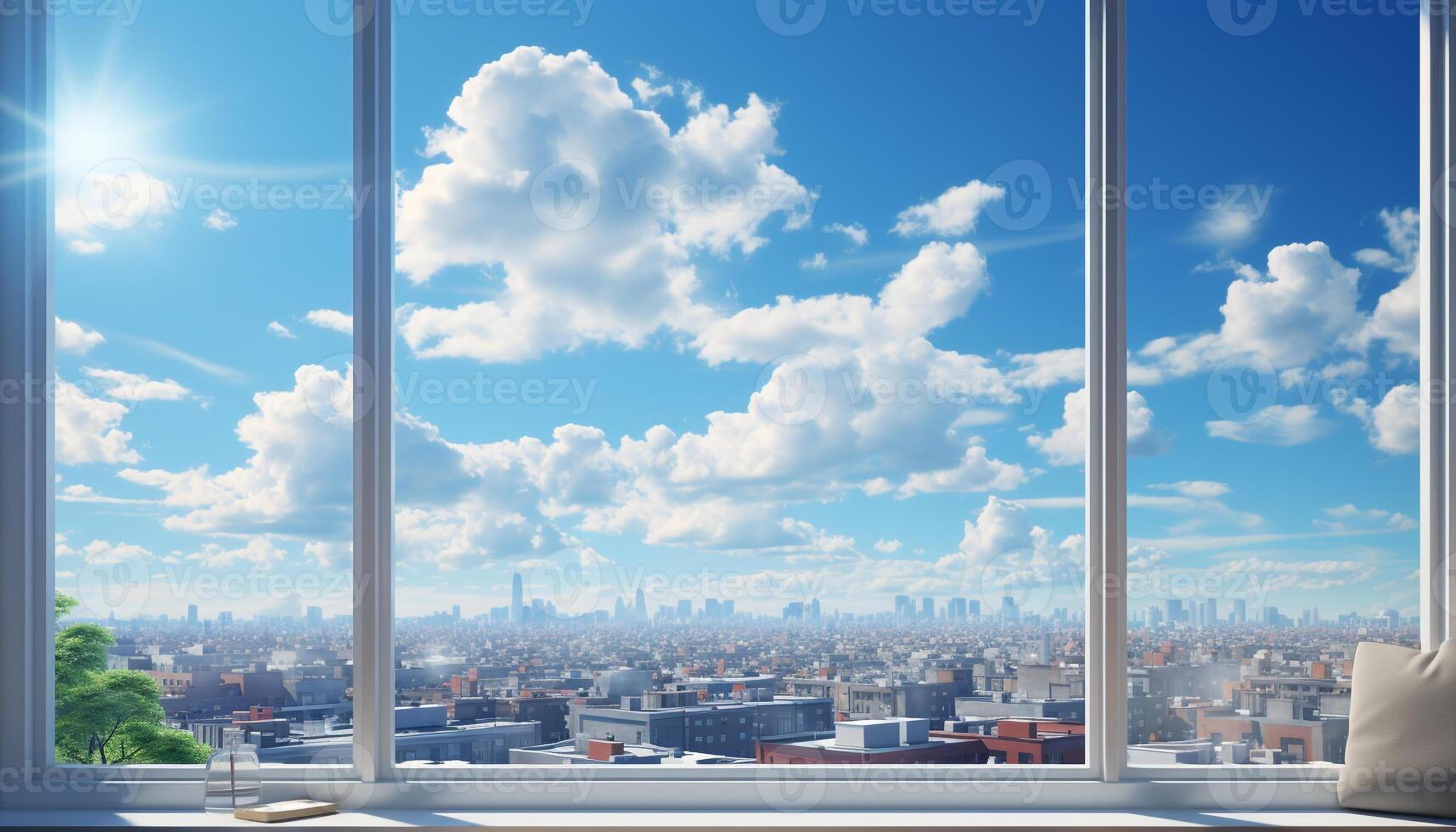 Looking through window, cityscape skyscraper architecture, blue sky generated by AI photo