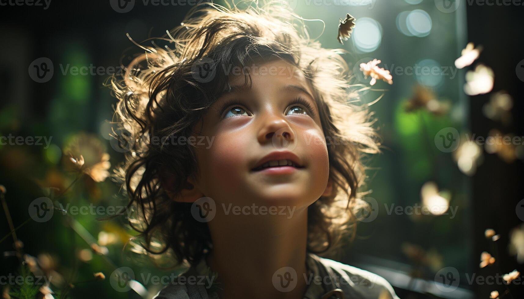 Smiling child enjoying nature, carefree and playful in the forest generated by AI photo