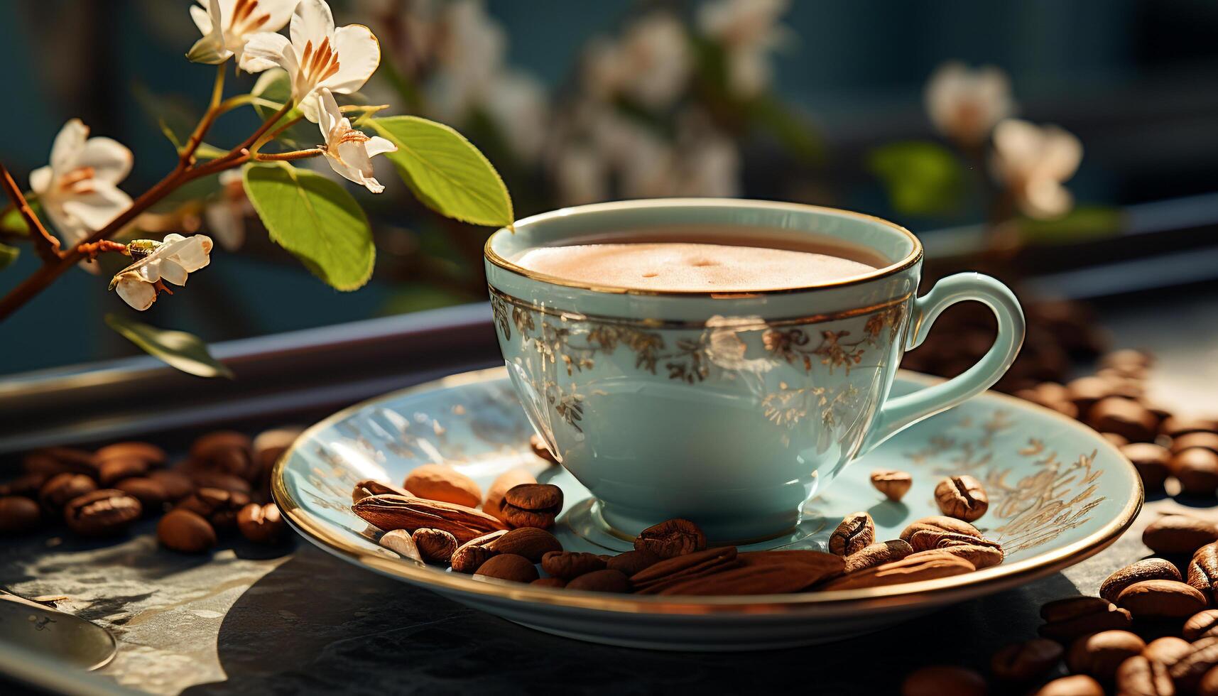 Freshness in a cup, coffee bean aroma fills the air generated by AI photo