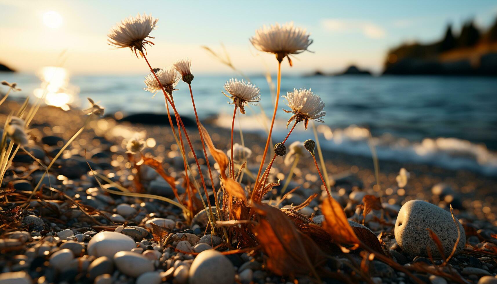 Sunset over the coastline, a tranquil scene of nature beauty generated by AI photo