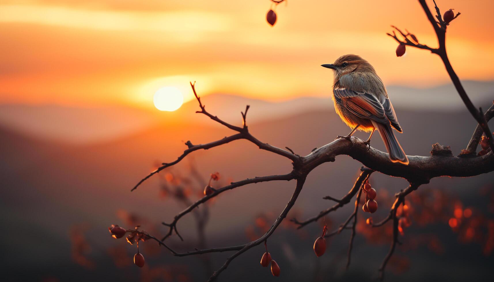 Silhouette of bird perching on branch, backlit by sunset generated by AI photo