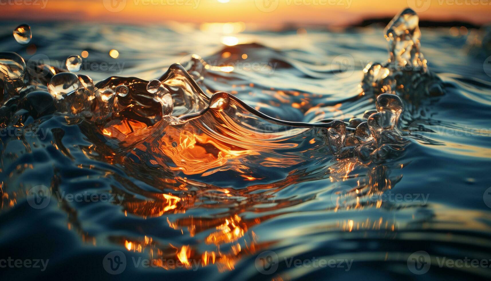 Vibrant sunset reflects on tranquil water, creating a beautiful wave generated by AI photo