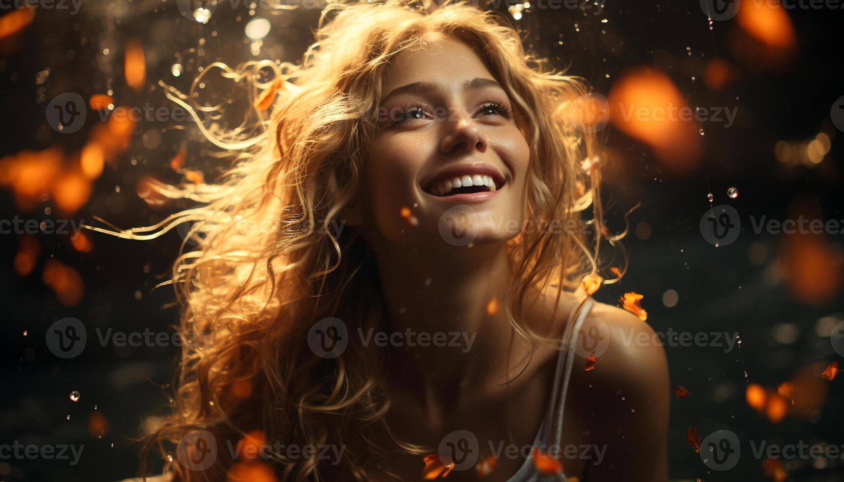 Smiling young woman enjoys playful summer rain, carefree and joyful generated by AI photo