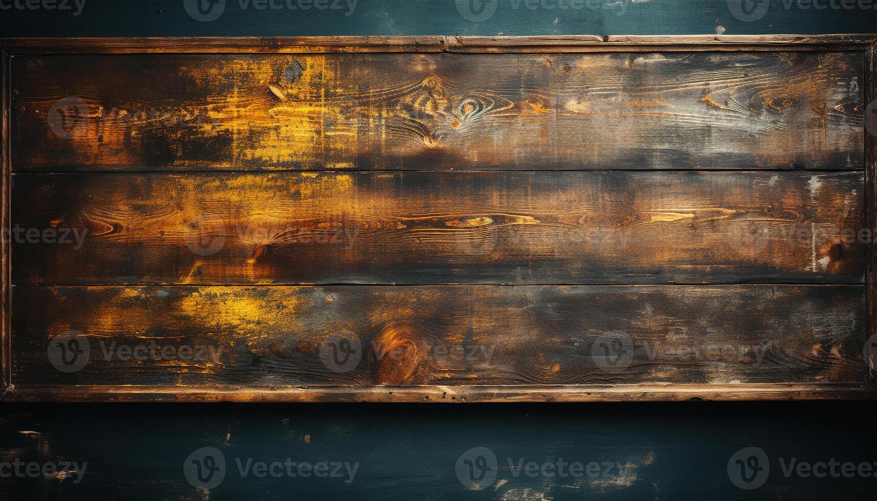 Old, weathered wood plank on rustic table, dark background generated by AI photo