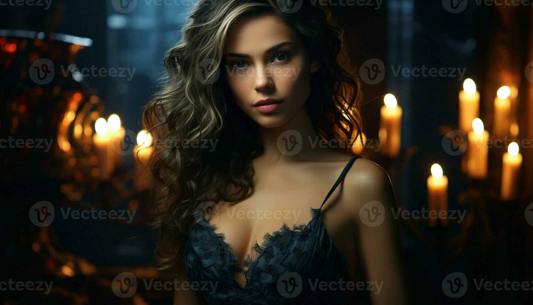 hermosa joven mujer en elegante lencería, mirando a cámara sensualmente generado por ai foto
