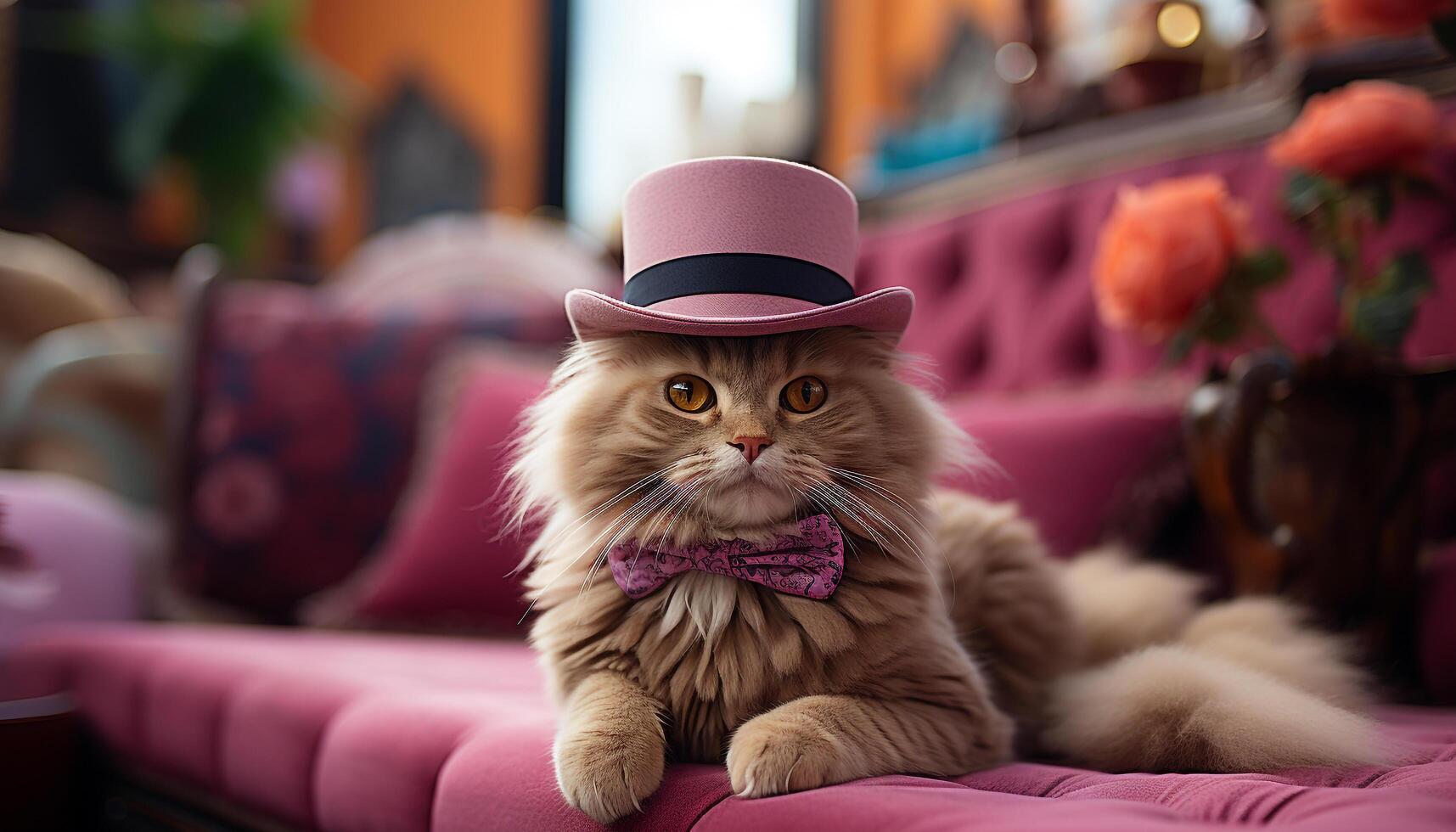 Cute kitten sitting on sofa, looking at camera with elegance generated by AI photo