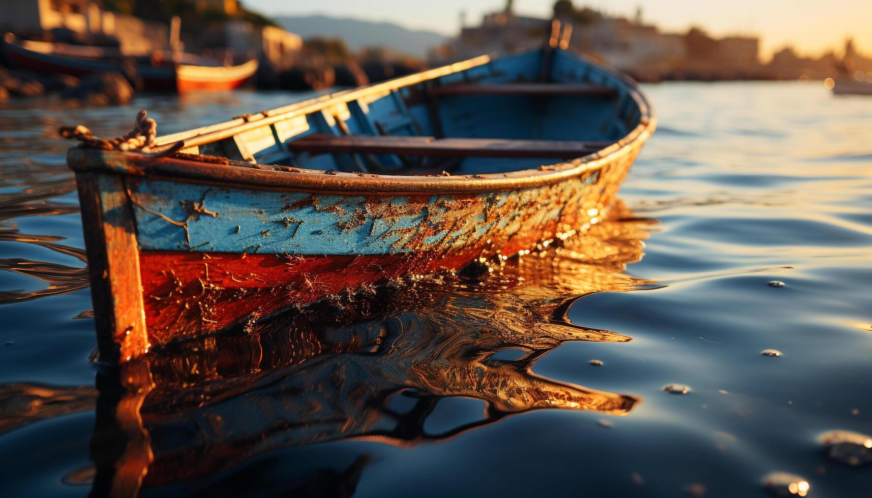 Sunset reflects tranquil scene on abandoned fishing boat, nautical vessel generated by AI photo