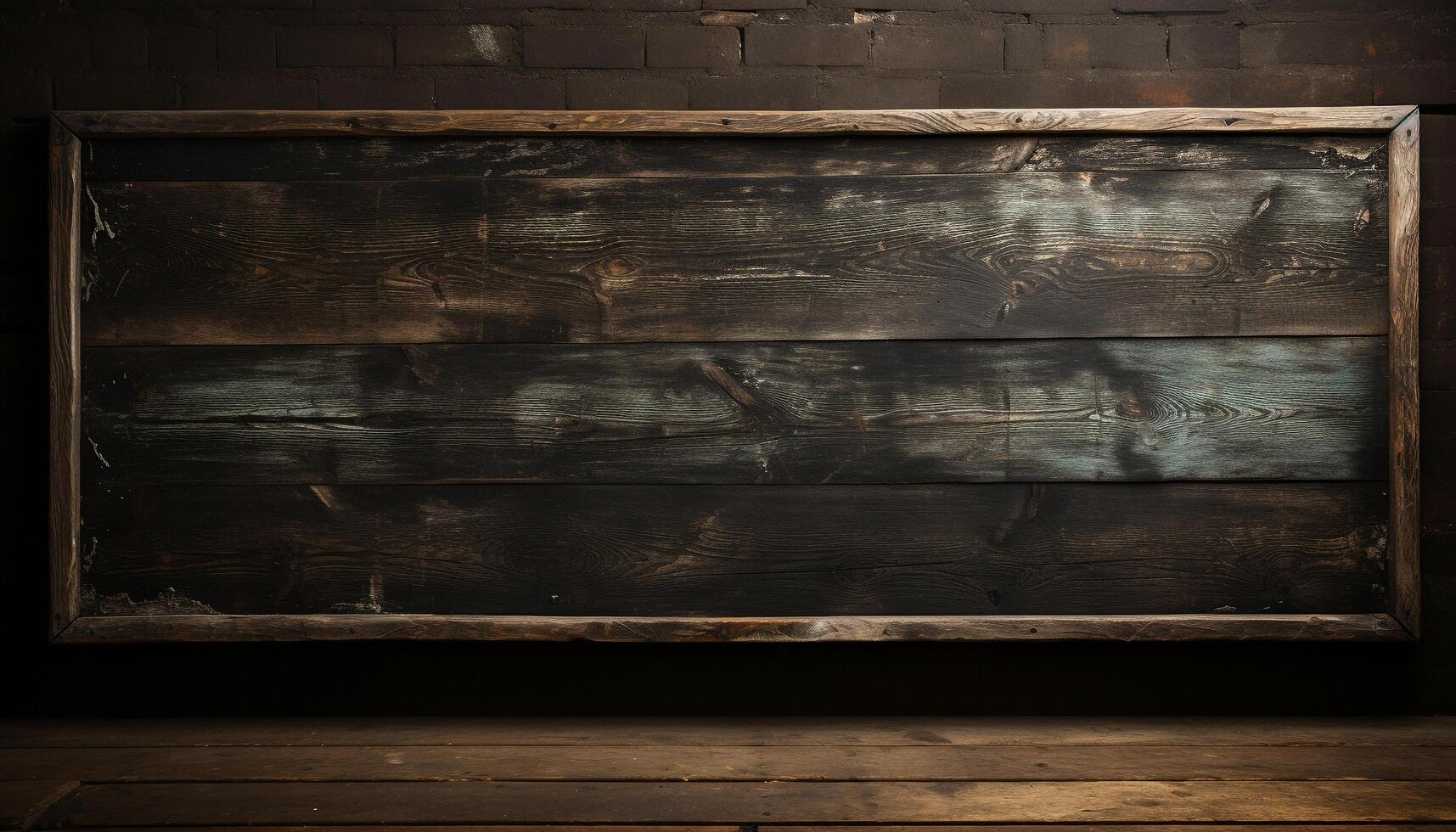 Rough, weathered wood plank frames antique blackboard on rustic wall generated by AI photo