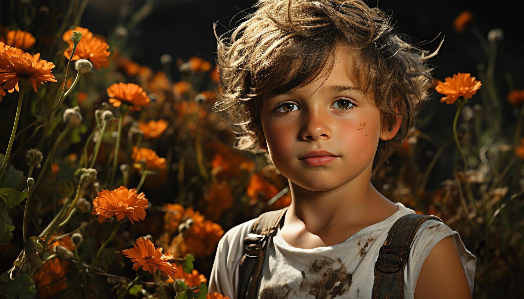 Smiling child enjoys nature beauty, surrounded by flowers and sunlight generated by AI photo