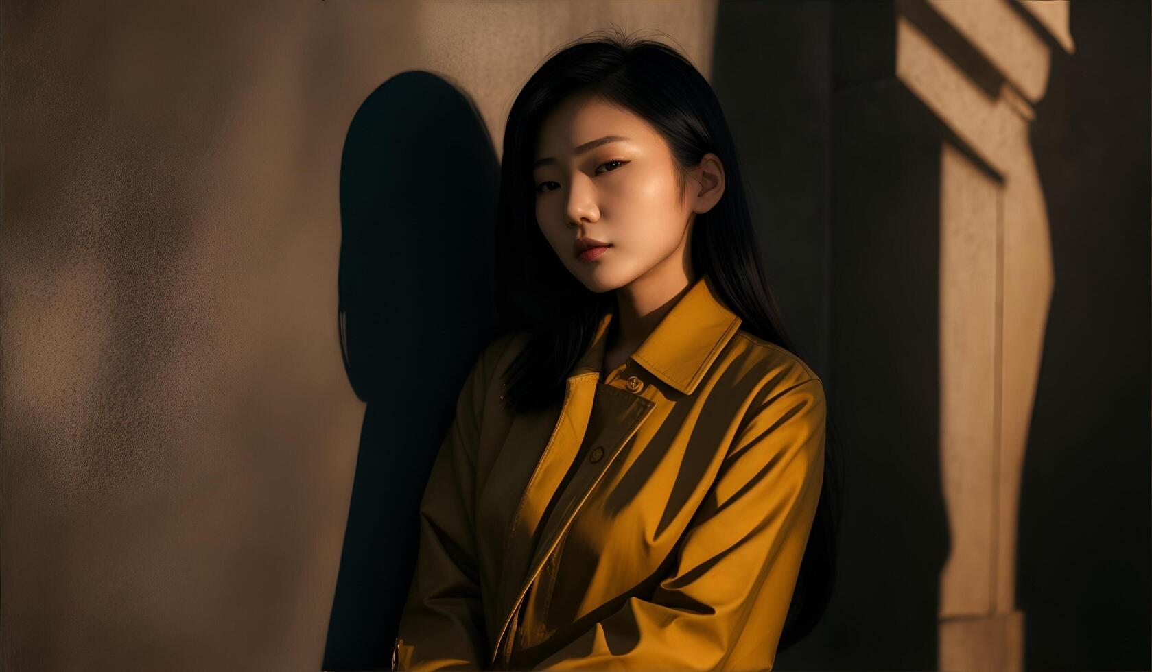 Portrait of a beautiful young asian woman with shadow on wall. AI Generative photo