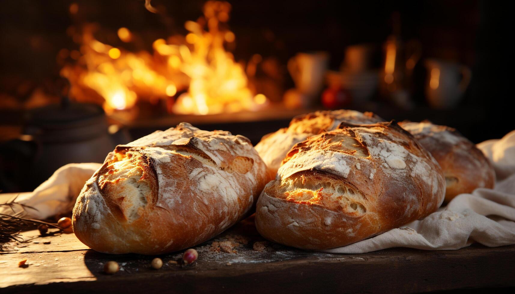Freshly baked baguette on rustic wooden table, ready to eat gourmet meal generated by AI photo