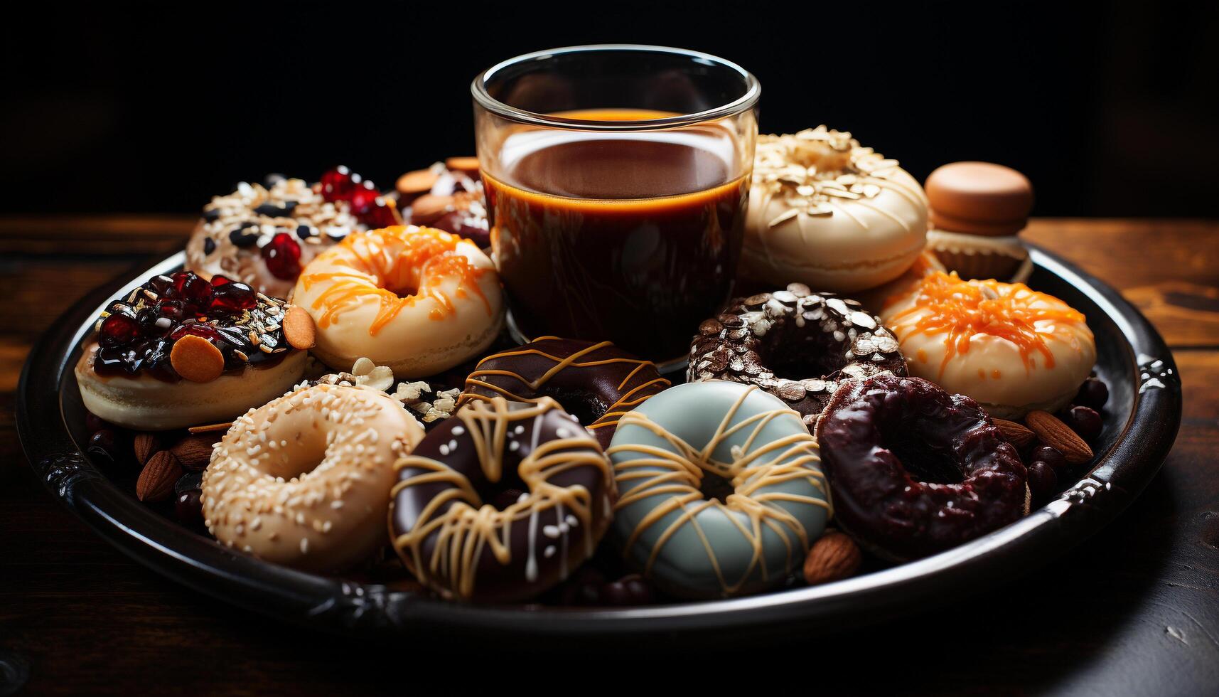 Homemade donut stack on rustic wood plate, tempting indulgence generated by AI photo