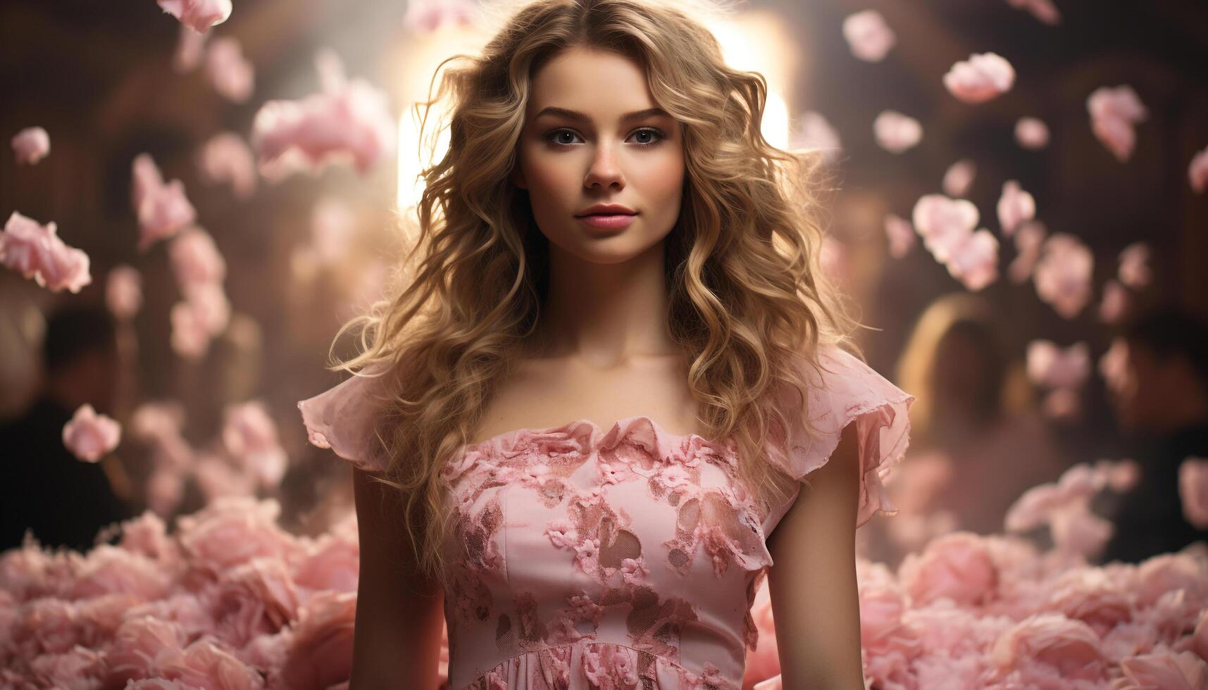 A beautiful young woman in a pink dress, smiling outdoors generated by AI photo