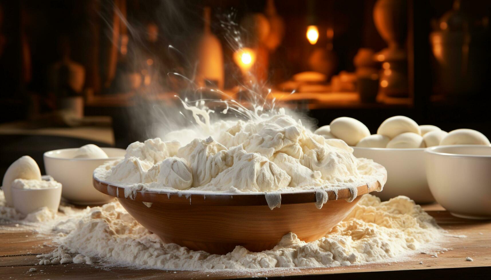 recién horneado un pan en de madera mesa, un hecho en casa gastrónomo postre generado por ai foto