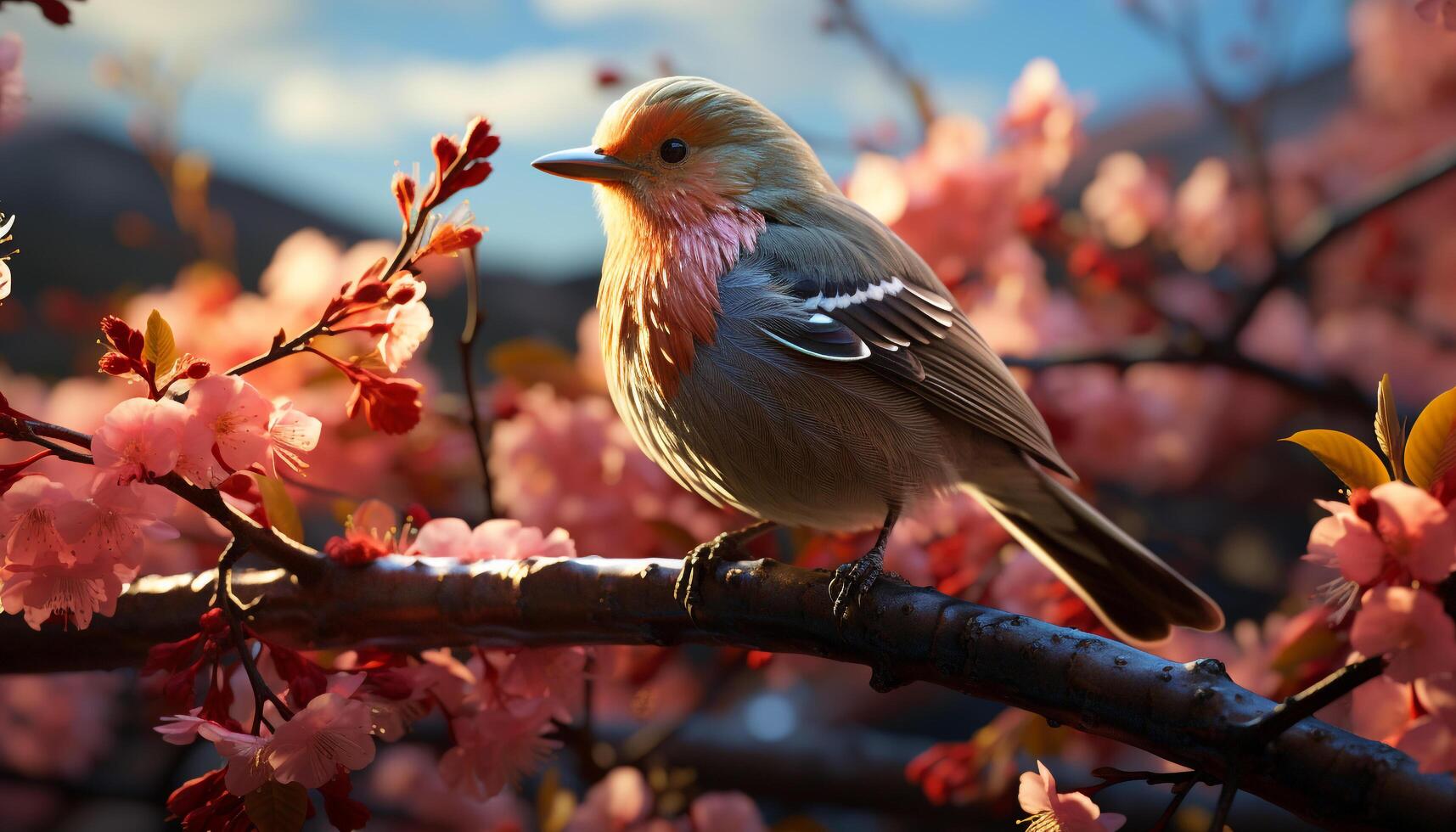 A cute pigeon perching on a branch, surrounded by cherry blossoms generated by AI photo