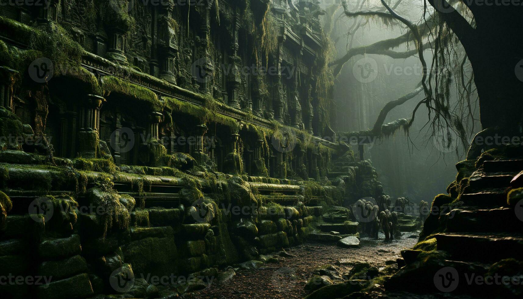 Spooky old ruin, dark forest, mysterious rock, ancient architecture generated by AI photo