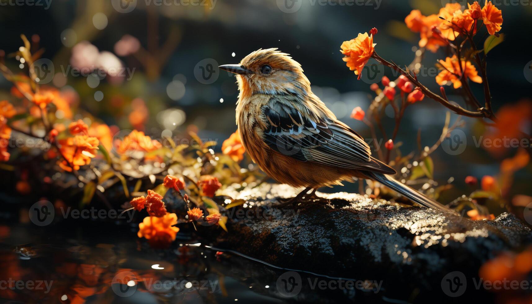 A cute sparrow perching on a branch in autumn forest generated by AI photo