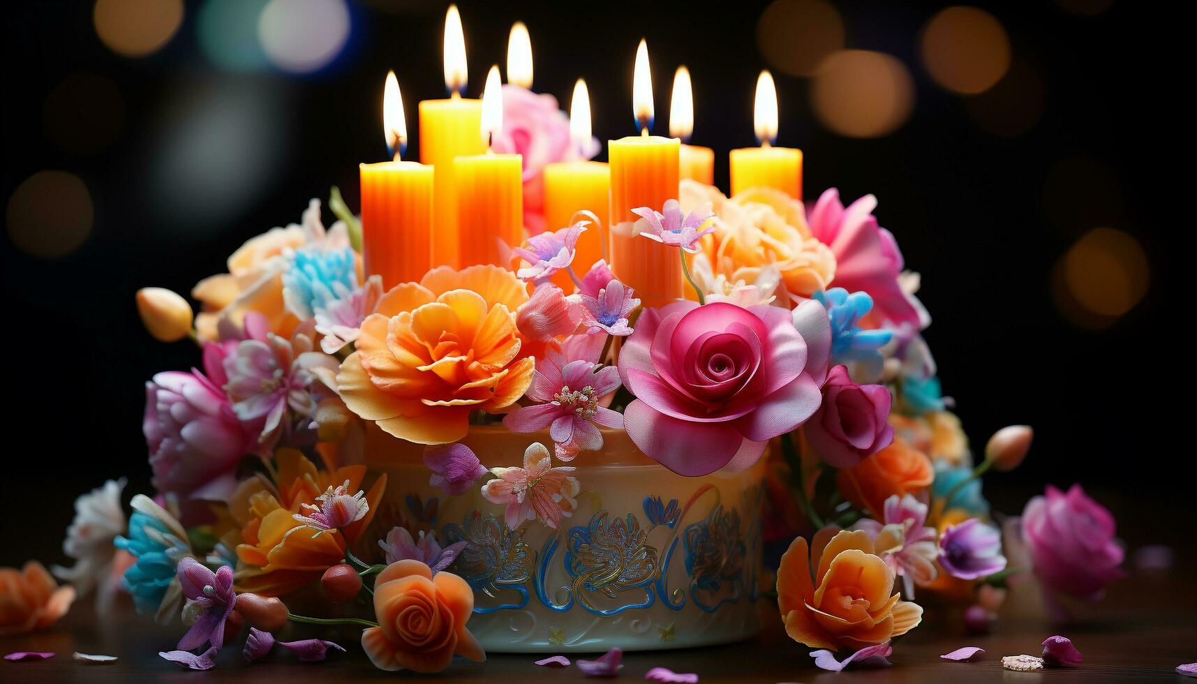 Romantic candlelight illuminates a glowing bouquet symbolizing love and spirituality generated by AI photo