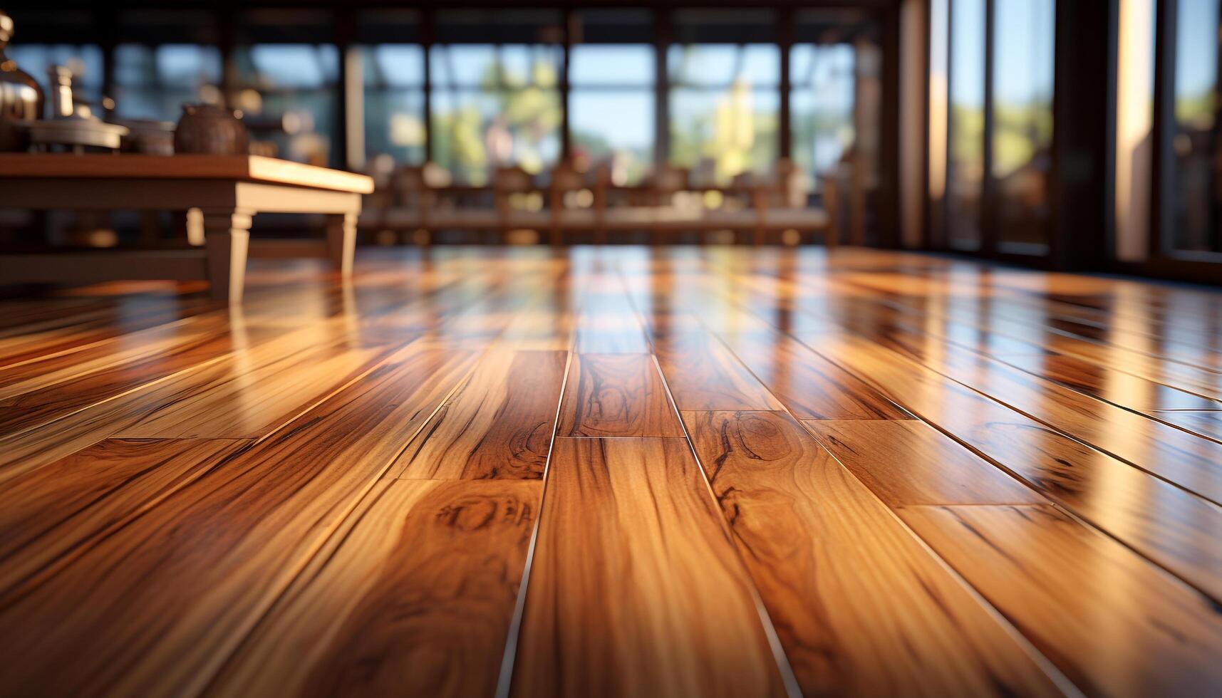 Modern apartment with bright hardwood flooring and empty table generated by AI photo