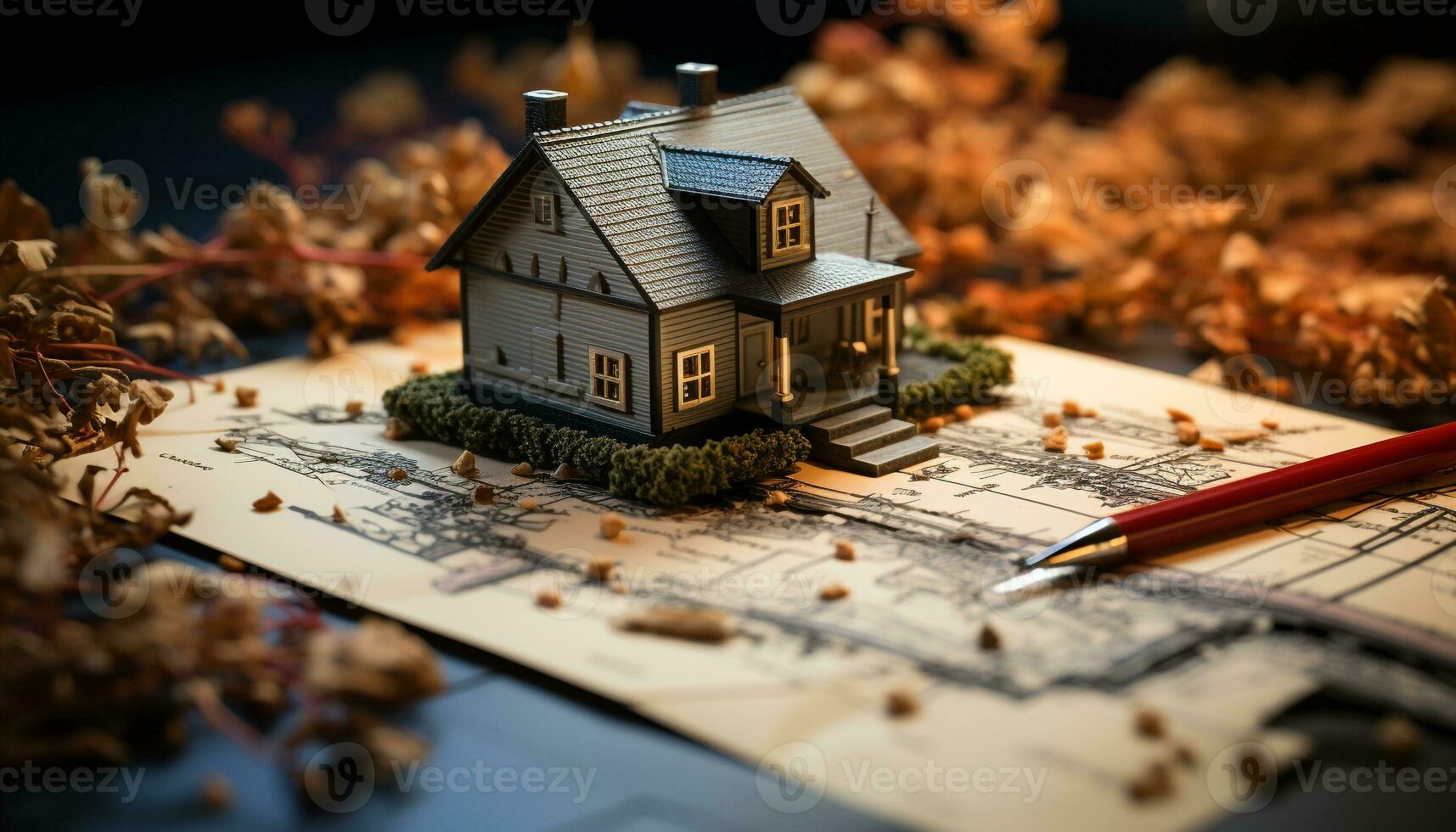 Wooden table, small craft, paper blueprint home construction creativity generated by AI photo