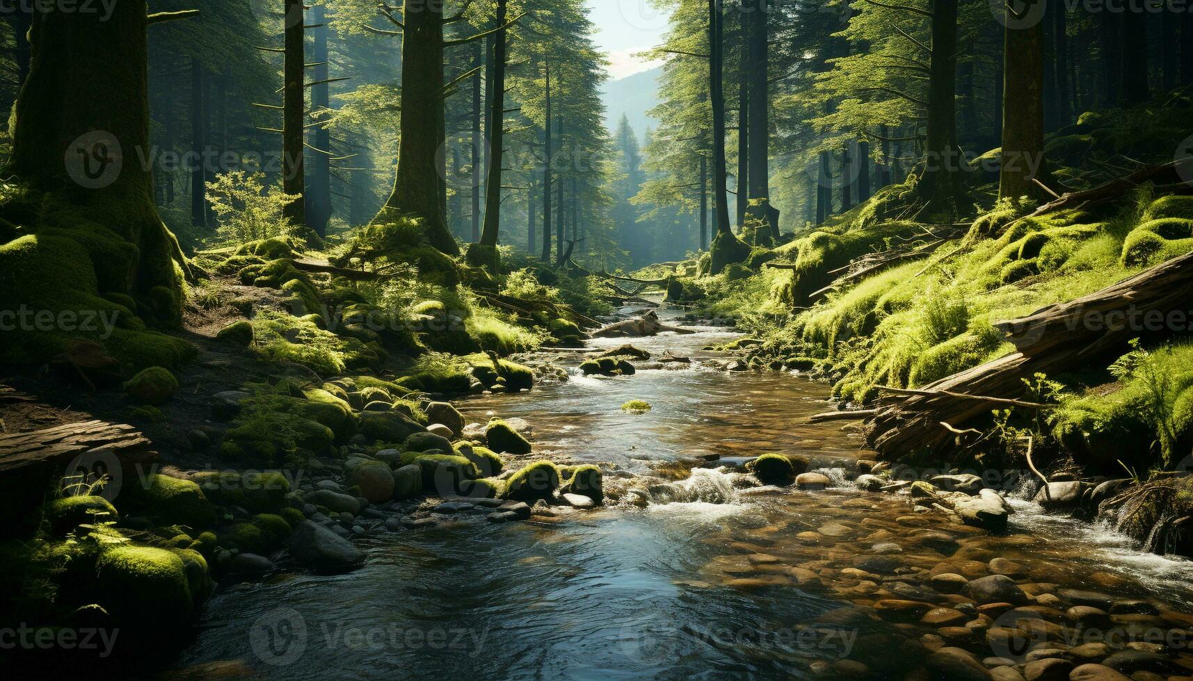 tranquilo escena verde árbol, fluido agua, otoño hojas, pacífico bosque generado por ai foto