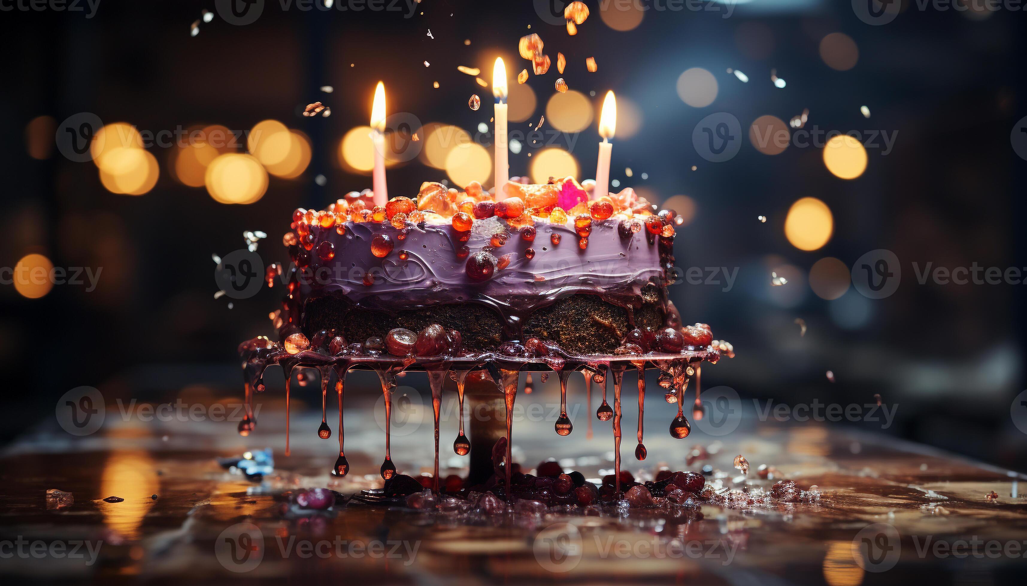 Birthday cake with chocolate icing, candles burning, celebration of joy