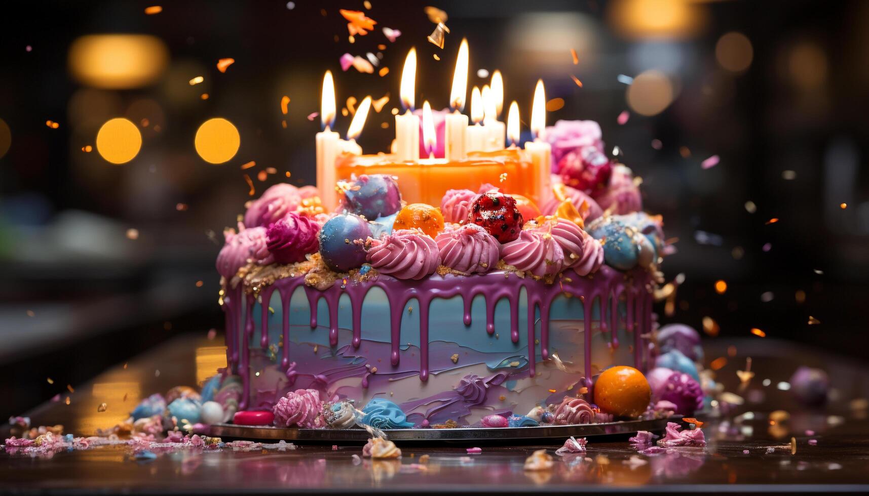 Birthday celebration with sweet chocolate cake, candles, and colorful