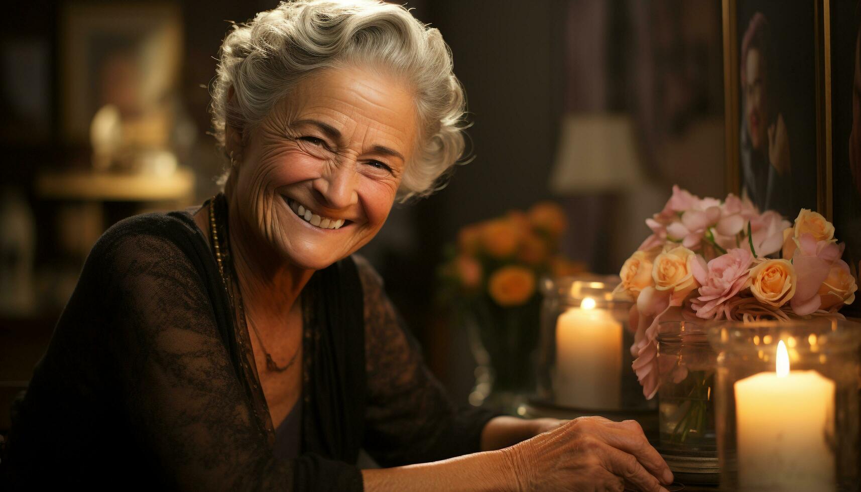 Smiling senior woman enjoying retirement, sitting indoors, looking at camera generated by AI photo