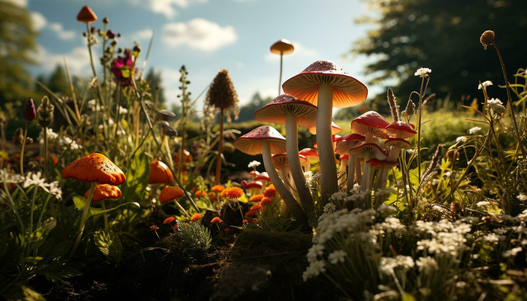 The fresh meadow blooms with colorful flowers in the summer generated by AI photo