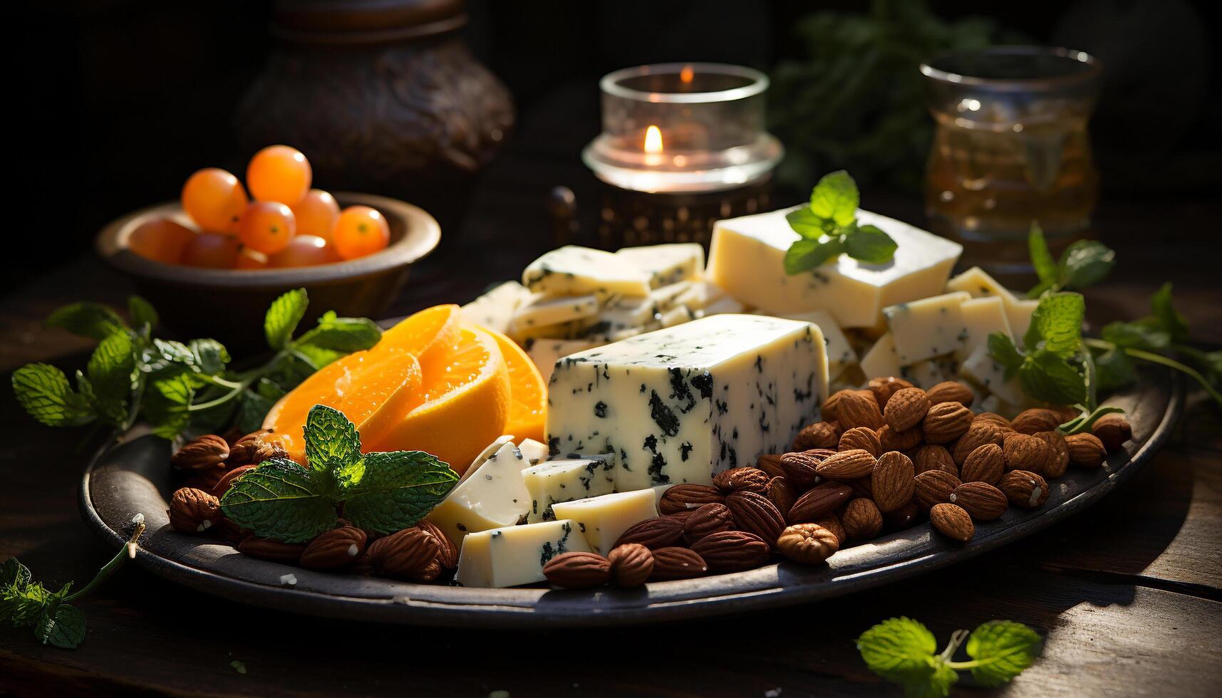Fresh gourmet appetizer slice of Camembert on rustic wooden table generated by AI photo