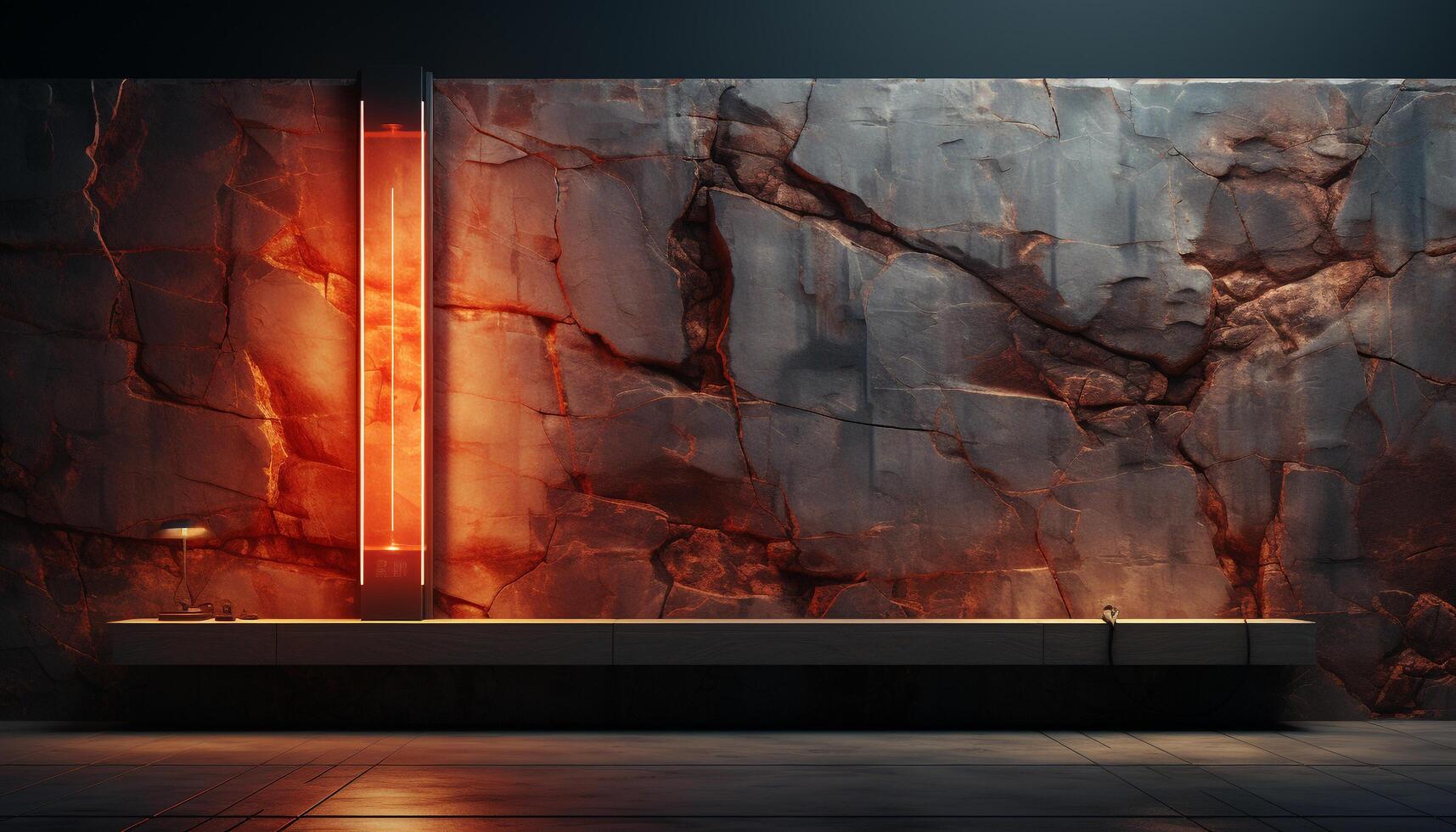 Modern kitchen with rustic wood flooring and illuminated stone backdrop generated by AI photo