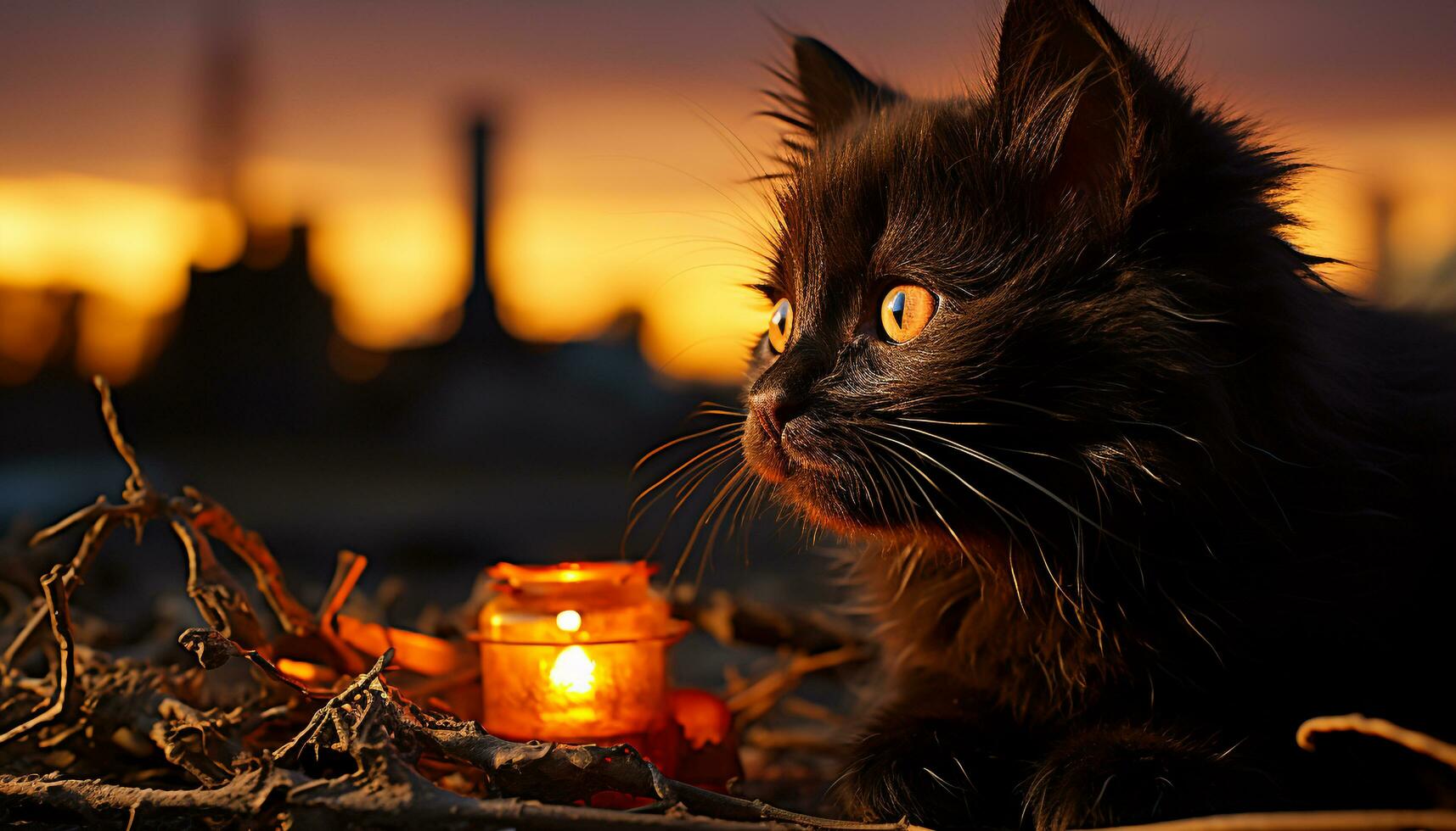 linda gatito sentado al aire libre, iluminado por luz de una vela, en escalofriante Víspera de Todos los Santos noche generado por ai foto