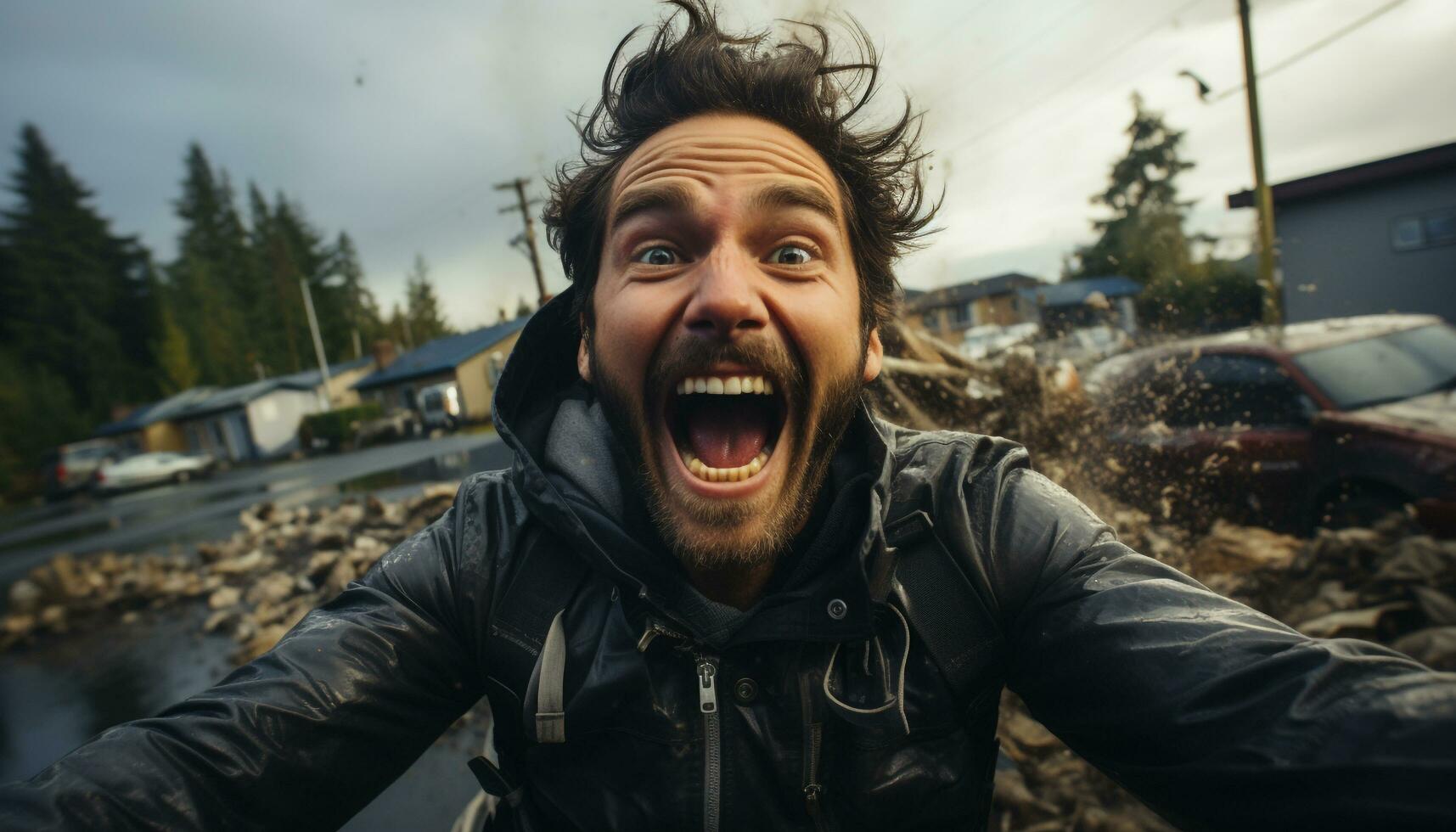 A joyful man screaming in nature, smiling at the camera generated by AI photo