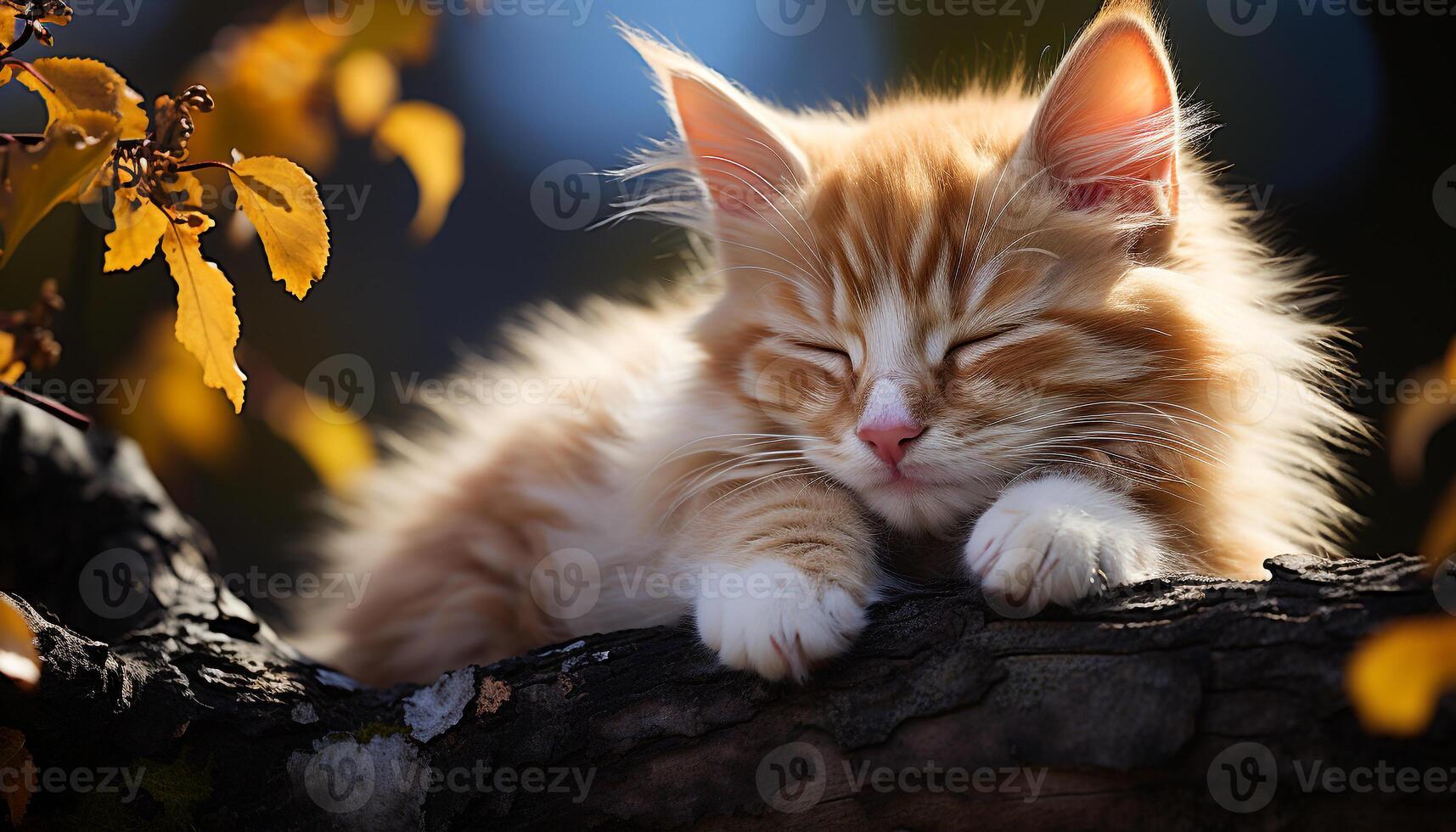 Cute kitten playing in the grass, resting under autumn tree generated by AI photo