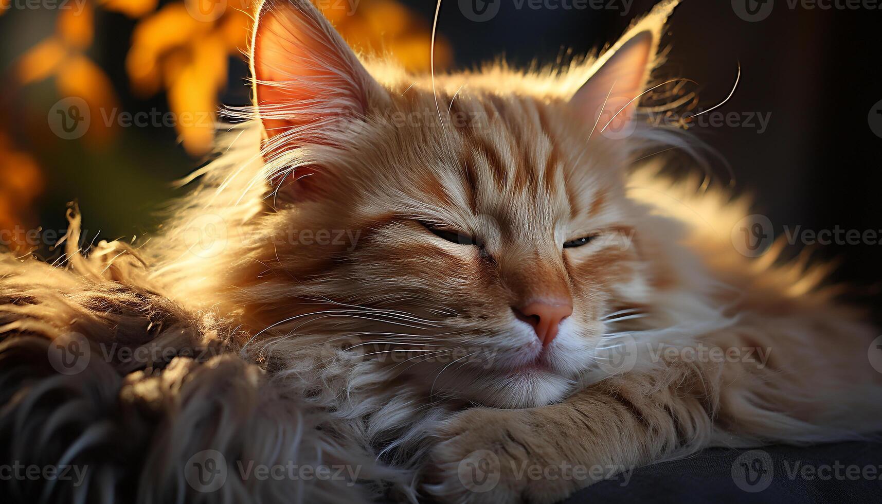 Cute kitten resting in grass, staring at camera with alertness generated by AI photo