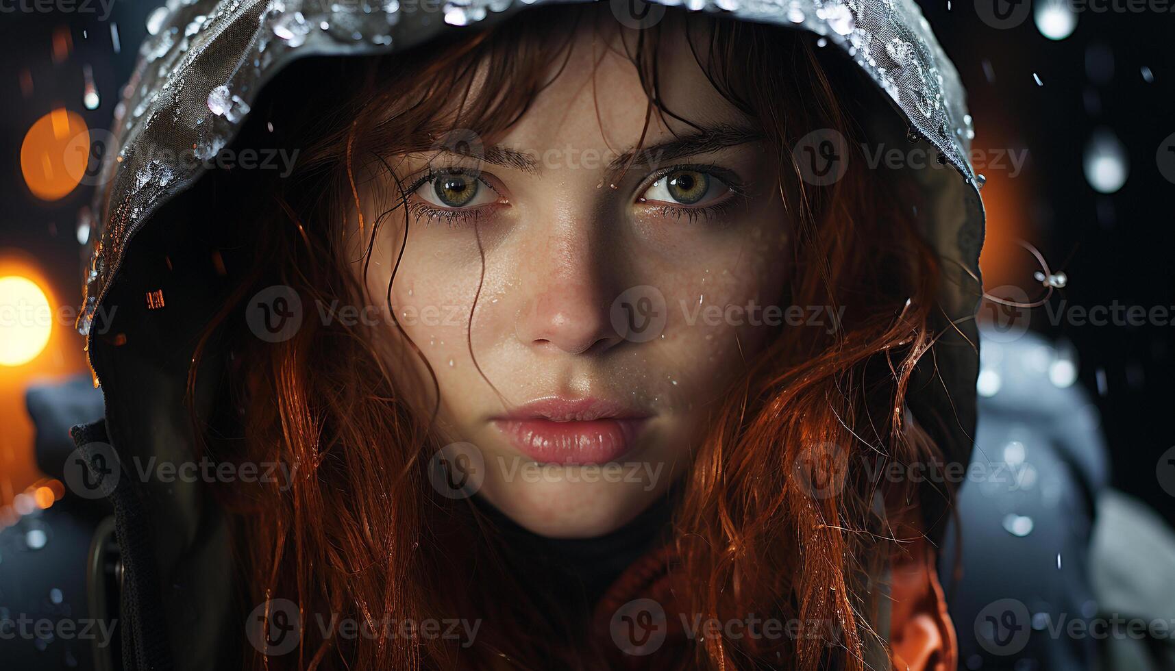 Young woman smiling, looking at camera, enjoying the winter rain generated by AI photo