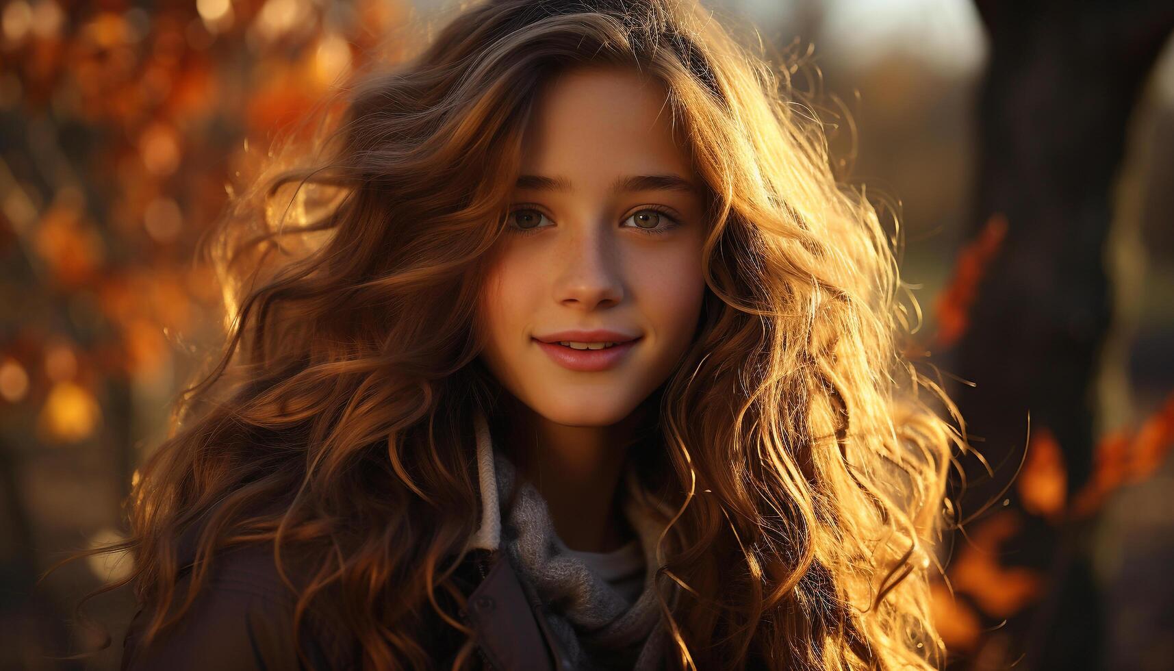 One young woman smiling outdoors, enjoying the autumn forest generated by AI photo