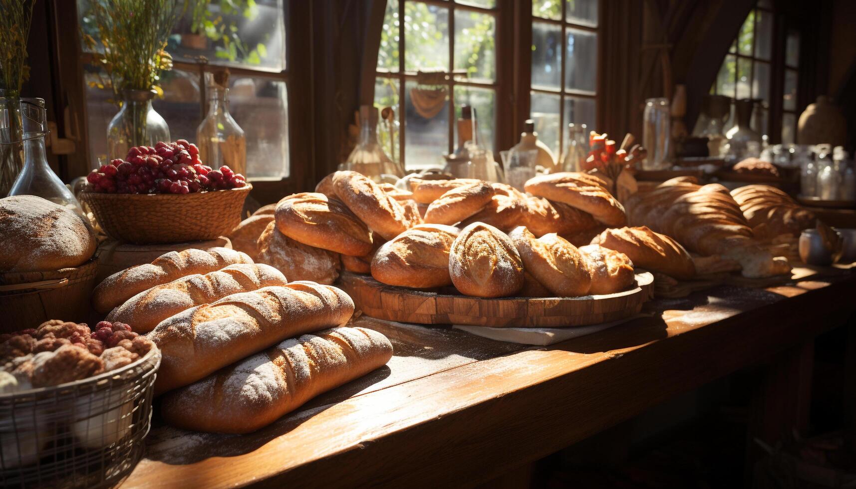 Freshly baked homemade bread on rustic wooden table, a gourmet delight generated by AI photo