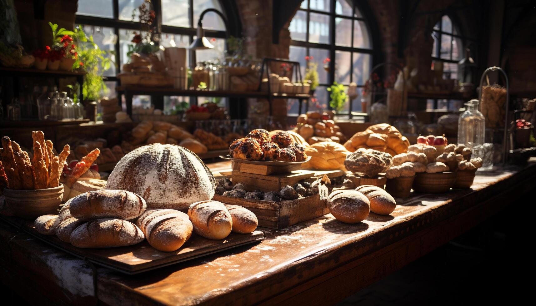 Freshly baked bread, homemade and rustic, on a wooden table generated by AI photo