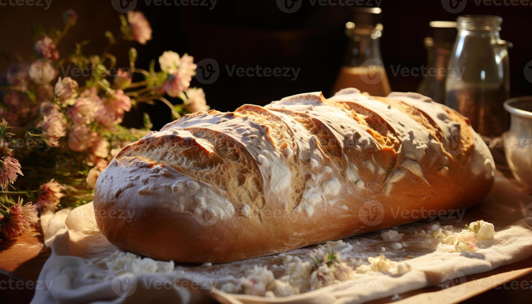 Freshly baked homemade bread on rustic wooden table generated by AI photo