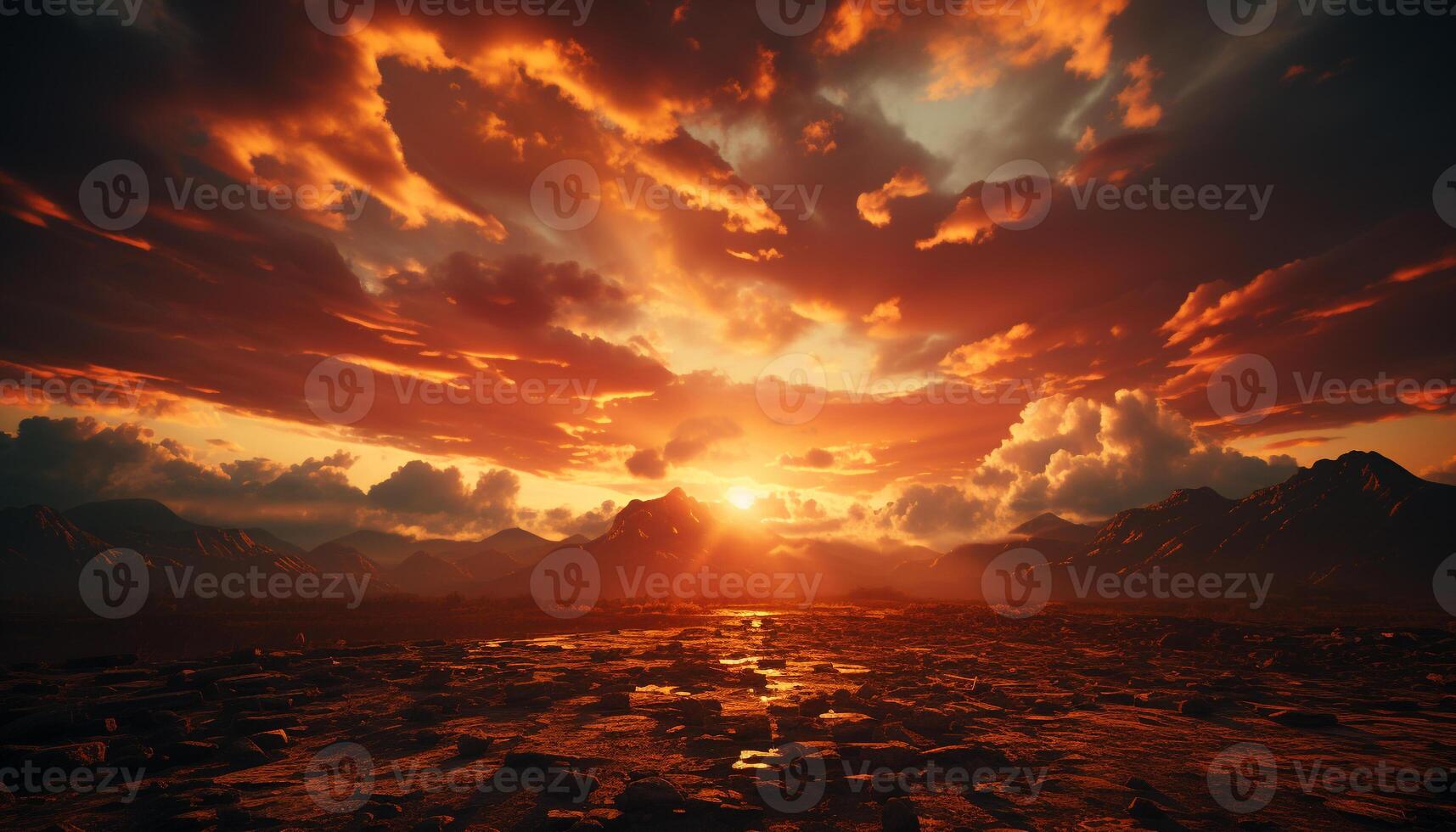 Dramatic sky reflects tranquil sunset over mountain peak in nature generated by AI photo