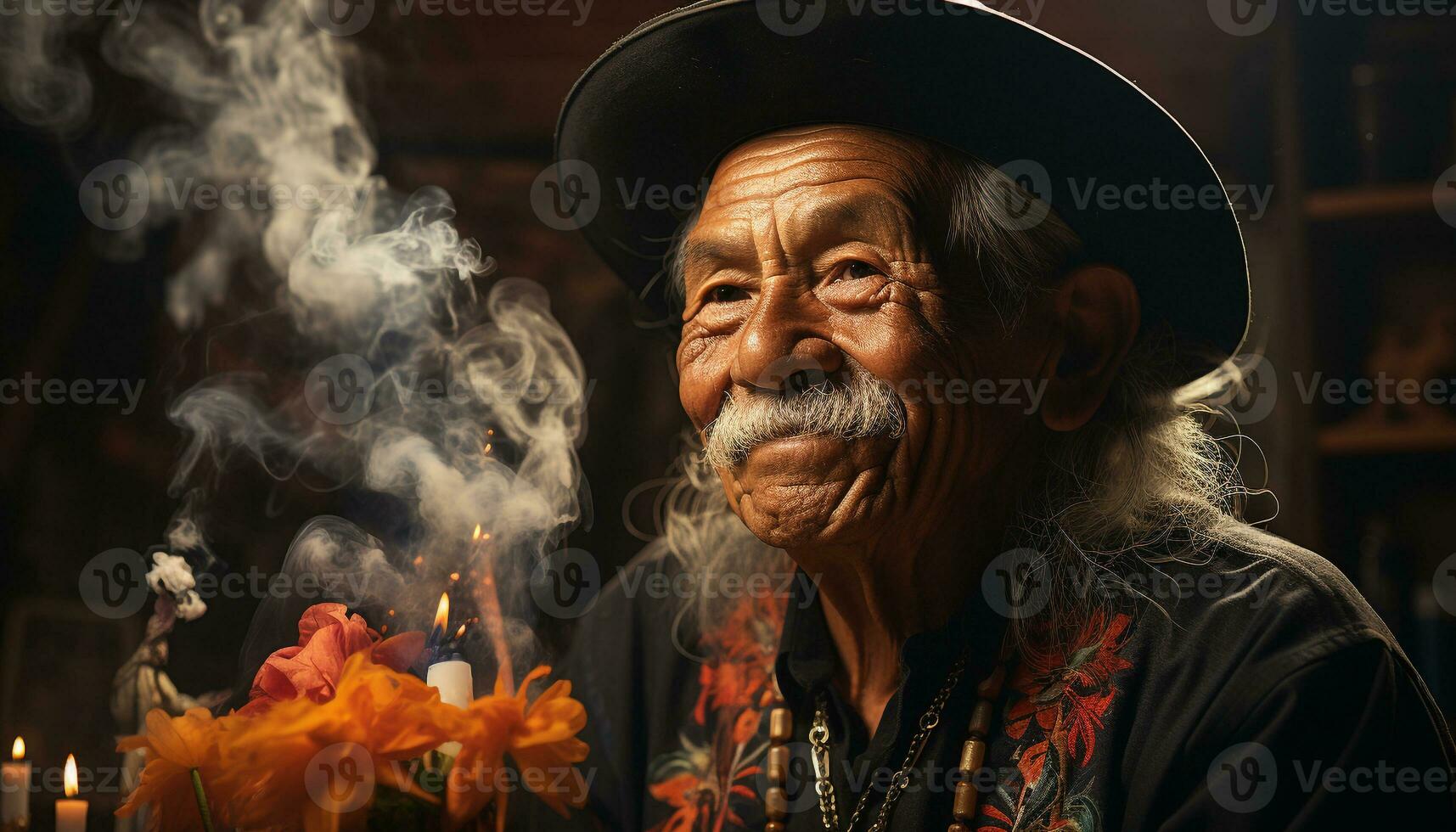 mayor hombre con gris pelo y barba sonriente, mirando a cámara generado por ai foto