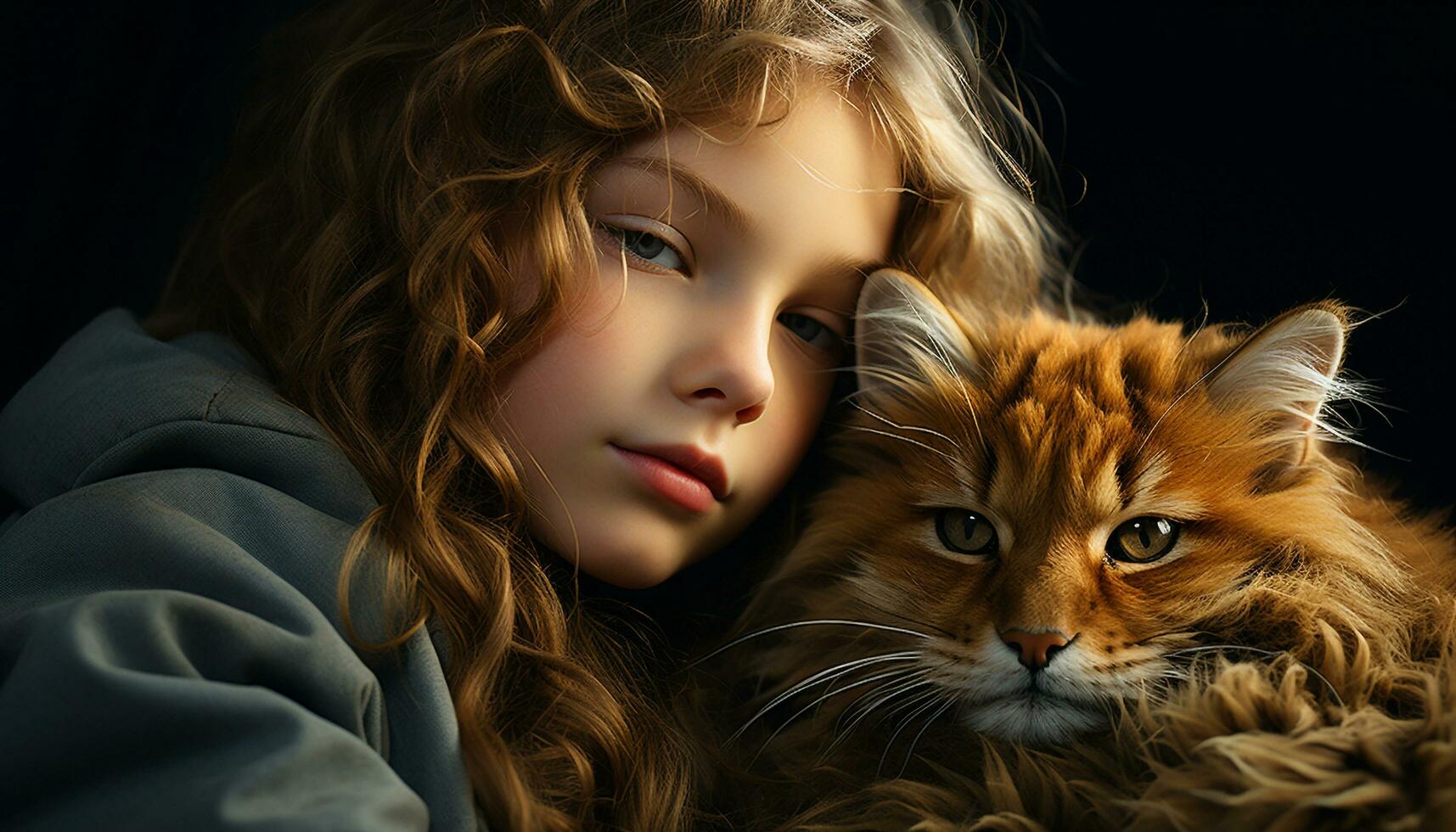 Cute child embraces playful kitten, radiating love and innocence generated by AI photo