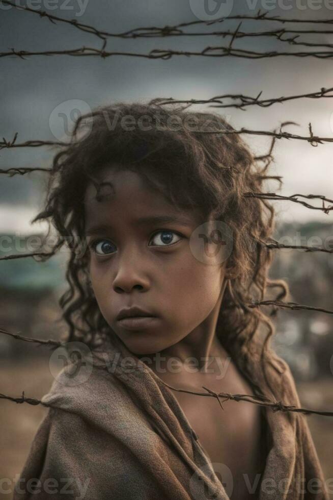 AI Generated dirty face deep look sad children at refugee camp, war, climate change, and global politics concept photo
