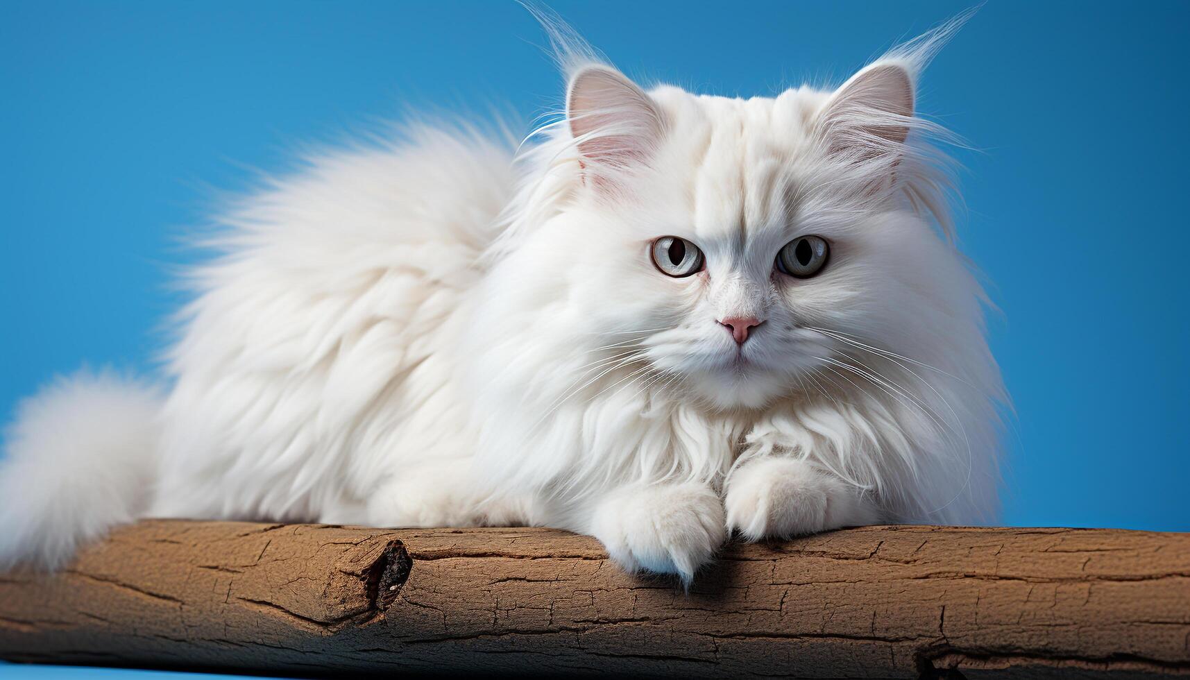 linda gatito sentado al aire libre, mirando a cámara, mullido piel generado por ai foto