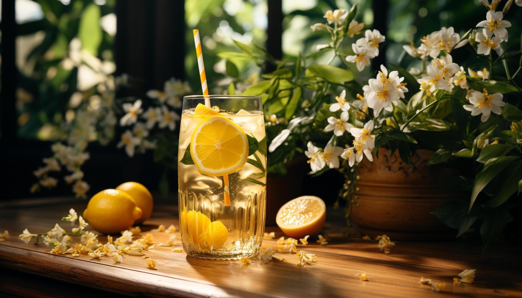 Fresh lemonade on a wooden table, nature refreshing summer drink generated by AI photo